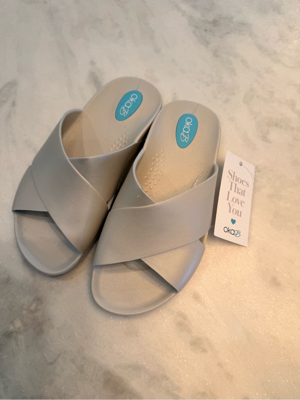 OKA b. Metallic Silver Crisscross Slide Sandals